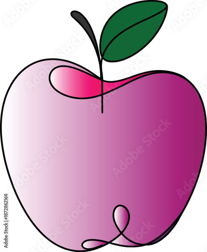 A simple vector illustration of a pink apple with a green leaf on a white background