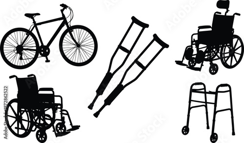 Mobility aid silhouettes, bicycle, wheelchair, crutches, walker, accessibility tools, rehabilitation devices, transport options, physical support, medical equipment