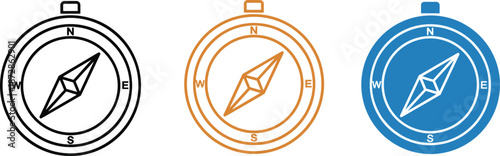 Compass icon set, stylized navigation symbols, black orange blue designs, cardinal directions, graphic pointer, travel tool, vector illustration