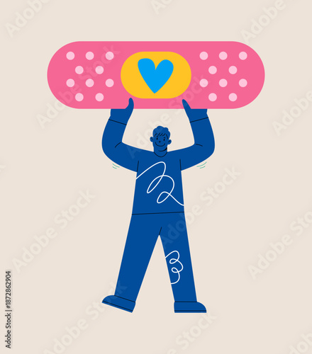 Man holding adhesive plaster. Concept of blood transfusion and donation. Colorful vector illustration