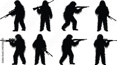 Ghillie suit, silhouette, sniper, rifle, military, camouflage, tactical, hunter, black, vector, pose, soldier, weapon, stealth, combat, gear, marksman, action, forest, concealment