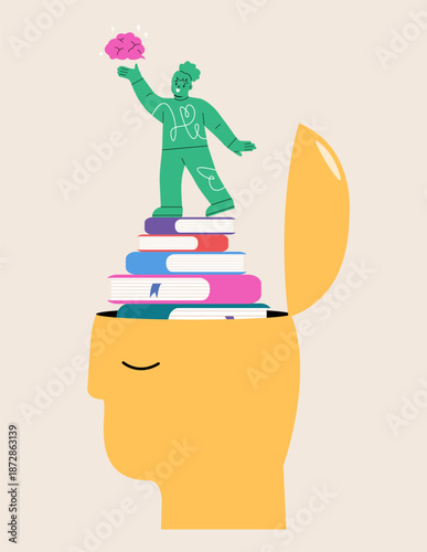 Girl holding brain in hand stand on books stack growth from her head. Colorful vector illustration