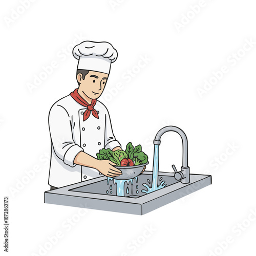 Professional chef carefully washing a fresh bowl of vegetables under running water in a kitchen sink, symbolizing culinary hygiene and meticulous food preparation