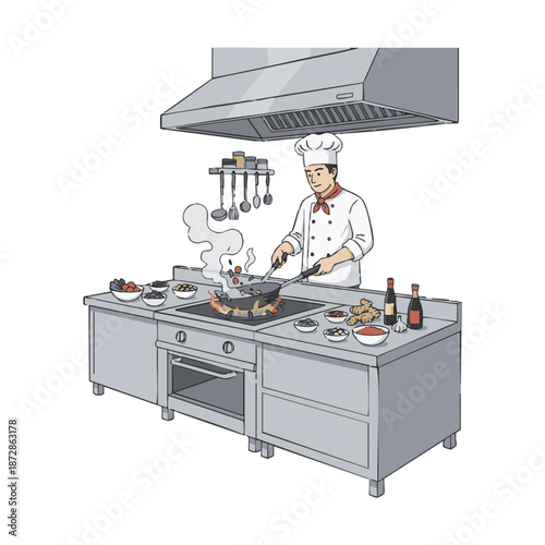 Dynamic illustration of a professional chef expertly stir-frying a gourmet dish with intense flames in a contemporary commercial kitchen, highlighting precision cooking and culinary artistry