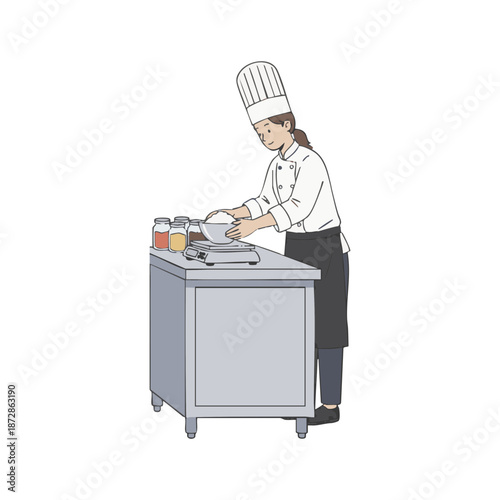 Illustration of a Chef in a Commercial Kitchen Weighing Ingredients on a Scale Beside Spice Jars