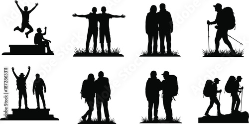 Hiking silhouette, outdoor activity, adventure group, backpackers pose, mountain friends, trekking team, nature lovers, victory stance, hiking gear, travel companions, black silhouette, walking sticks
