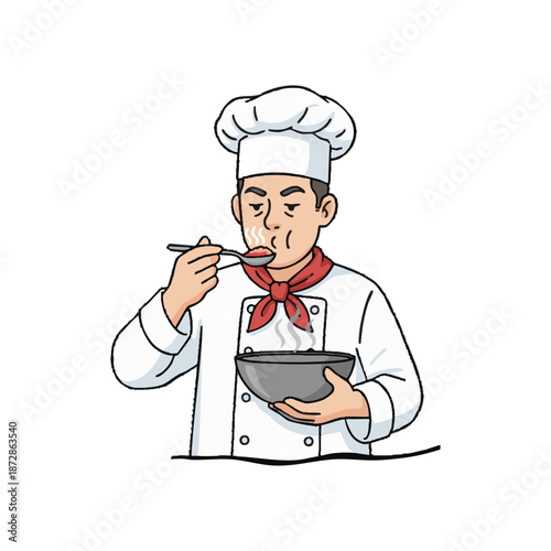 A Chef in a White Uniform and Red Scarf Savors a Spoonful of Food from a Bowl, Evoking Culinary Delight and Professionalism