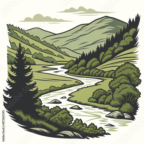 Wide angle landscape of river delta and mountains hills