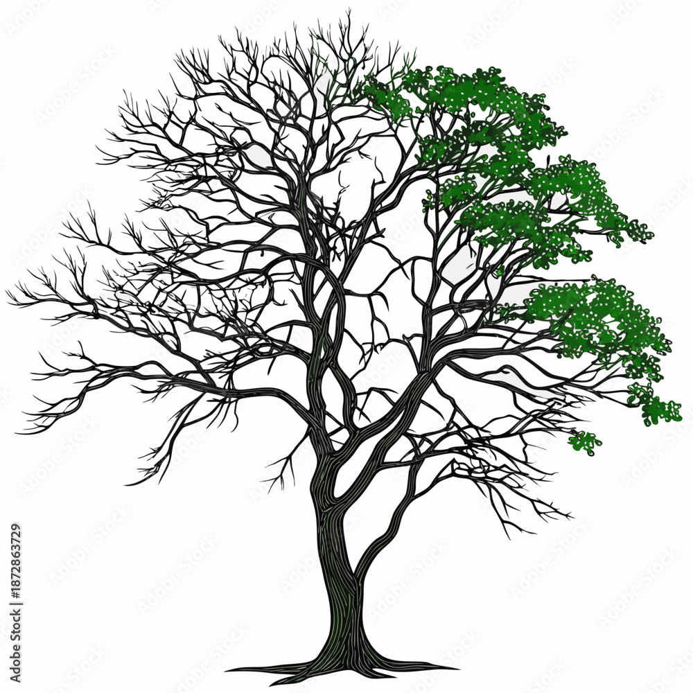 Obraz premium Tree with bare branches and green leaves on one side