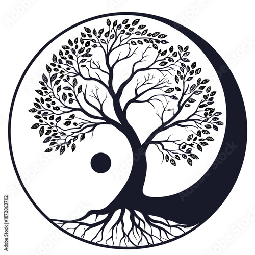 Black and white tree of life in yin yang symbol nature