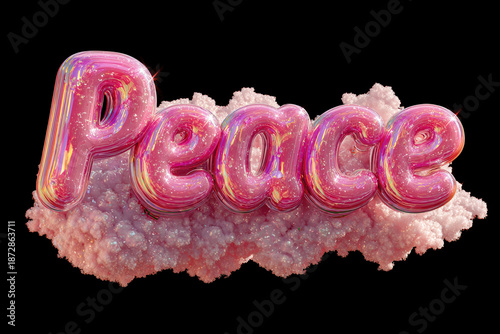 Peaceful Cloudscape: Peace spelled out in a delightful pink bubble font rests atop a fluffy, cloud-like form, creating a serene and playful atmosphere.