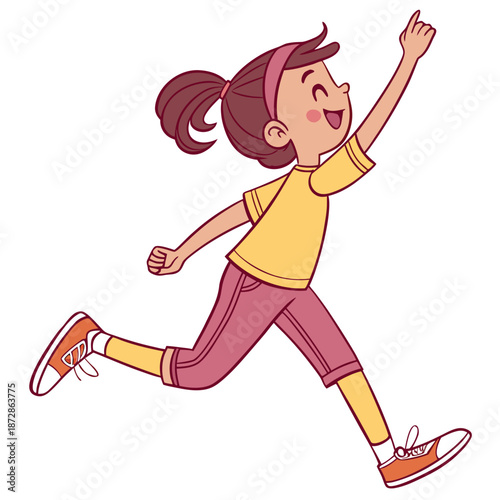 Happy girl running sideways glance pose playful energetic
