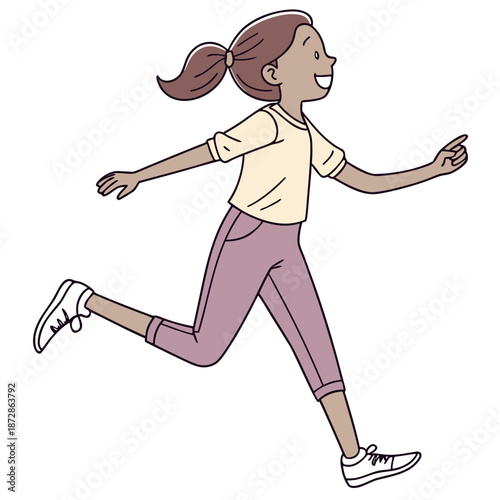Girl running with ponytail and smile cartoon jogging