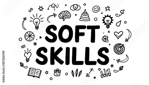 Hand-drawn soft skills illustration with doodles: communication, teamwork, creativity, emotional intelligence, and professional development icons