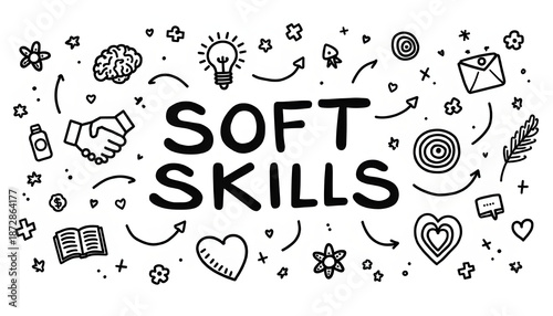 Hand-drawn soft skills illustration with doodles: communication, teamwork, creativity, emotional intelligence, and professional development icons