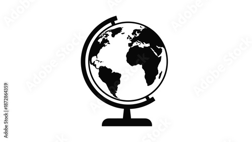 Black silhouette of a terrestrial globe showing the continents of Africa and Europe mounted on a simple stand against a clean white background.
