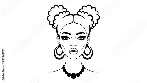Stylized portrait of a beautiful woman with large puff buns hairstyle wearing hoop earrings and a beaded necklace in a black line art drawing.