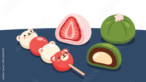 Variety of adorable Japanese desserts including bear-shaped dango, strawberry mochi, and green tea sweets arranged on a dark blue surface.