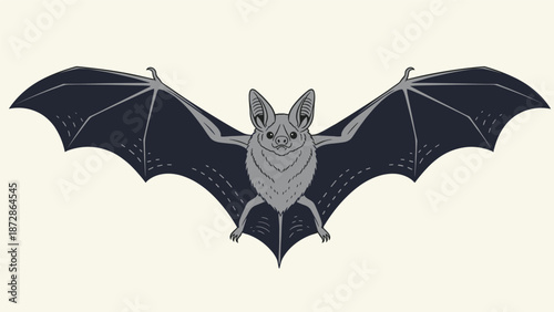 Gray bat with large spread wings flying through the air depicted in a simple flat illustration style against a light cream-colored background.