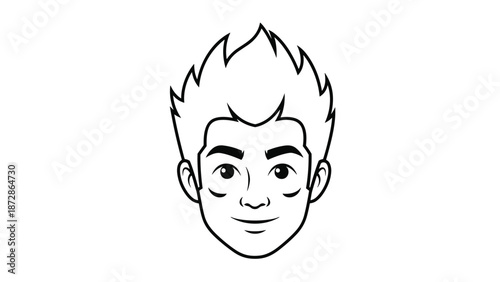 Minimalist black and white line drawing of a young man with tall spiky hair and a calm facial expression looking directly forward.