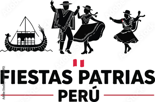 Peru Fiestas Patrias Celebration Vector with Traditional Dancers and Caballito de Totora Boat