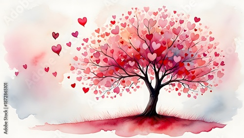 Artistic watercolor painting of a tree with pink heart shaped leaves blowing in the wind
