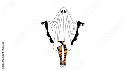 Humorous illustration of a person dressed as a ghost under a white sheet showing legs wearing tiger-striped tights and white high heels.