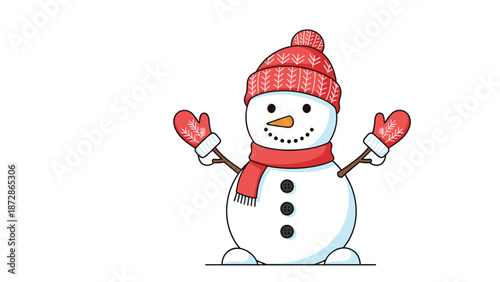Cute winter snowman character wearing a red knitted hat with pom-pom, matching scarf, and mittens waving its branch arms happily.