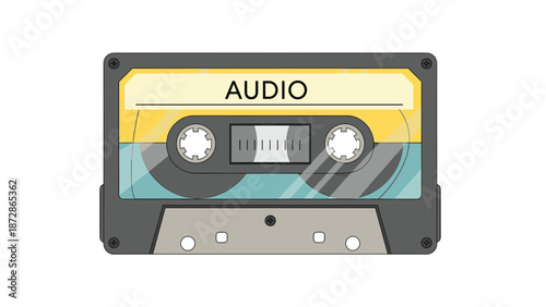Vintage audio cassette tape with a grey body and a yellow and blue label showing the word audio in a classic retro electronic design.