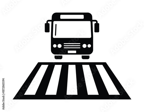 Black vector illustration of a bus crossing a pedestrian zebra crossing