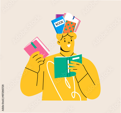 Man while reading book and there are books in his head. Colorful vector illustration