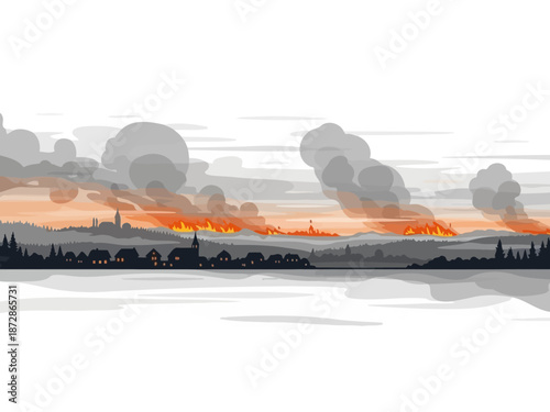 Illustration of Wildfires Engulfing a Landscape with Smoke and Flames Above a Water Body