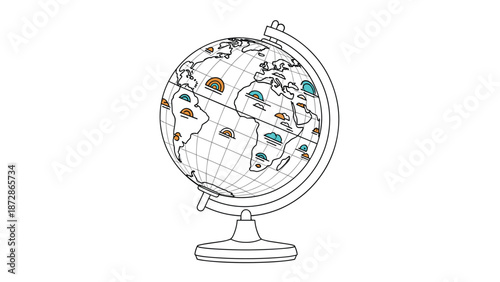 Detailed desktop world globe on a stand showing continents and oceans with decorative colorful cloud icons for education and travel designs.