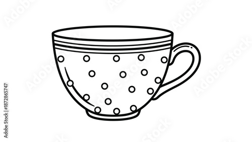 Charming porcelain teacup decorated with a polka dot pattern and stripes around the rim in a simple black and white outline style.