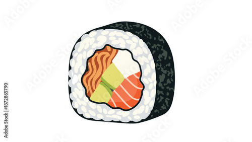 Delicious sushi roll piece with seaweed wrap, rice, fish, avocado, and cream cheese filling in a colorful and detailed food illustration.