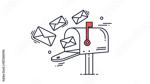 Open metal mailbox with several flying envelopes and a red flag indicating delivery or receiving mail in a modern graphic style.