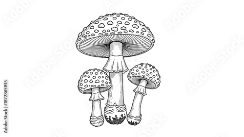 Three fly agaric mushrooms of different sizes with their characteristic spotted caps in a detailed black and white nature illustration.