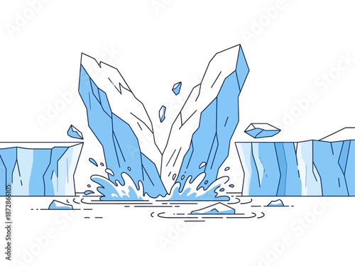 Iceberg Splitting Illustration Graphic Depiction of Ocean Ice Breaking Apart with Water Splash