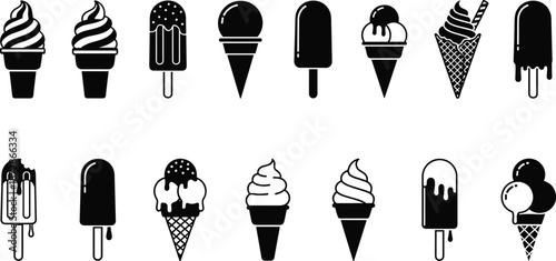 Ice cream icons set in black silhouette style, popsicle and cone collection, minimal flat vector illustration for dessert themes