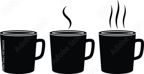 Hot coffee cups silhouette illustration set showing steam levels, black mug icons, minimal beverage concept, flat vector design