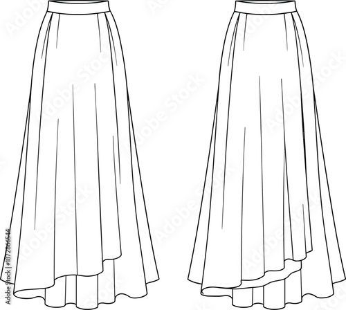 Long skirt, technical, drawing, front, back, view, fashion, garment, sewing, pattern, apparel, design, outline, vector, illustration, tailoring, clothing, blueprint, cad, flat