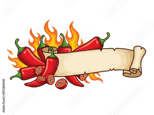 Spicy red chili peppers and tomatoes on fire with a vintage scroll banner
