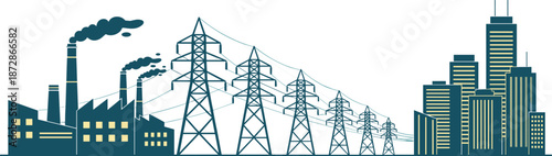 Industrial power generation and electric transmission infrastructure connecting factories to modern city skyline, energy distribution concept illustration for sustainable urban development