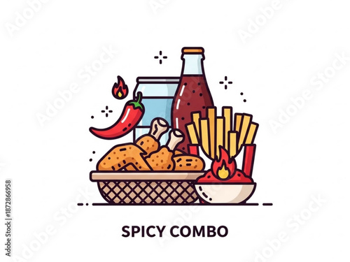Spicy combo meal with fried chicken fries and soda illustrated in flat design