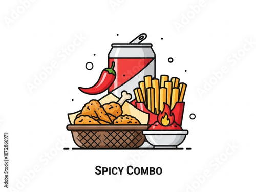 Spicy food combo with fried chicken french fries soda and chili pepper