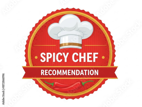 Spicy chef recommendation badge with chef hat and chili peppers on red