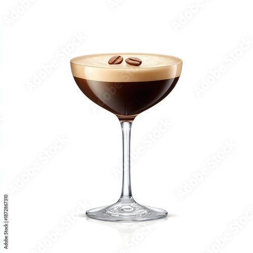 A classic espresso martini cocktail, dark and rich with a frothy top, garnished with three coffee beans in a coupe glass. Perfect for menus or beverage promotions.