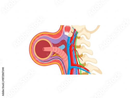 Detailed medical illustration of human neck anatomy showing arteries and veins