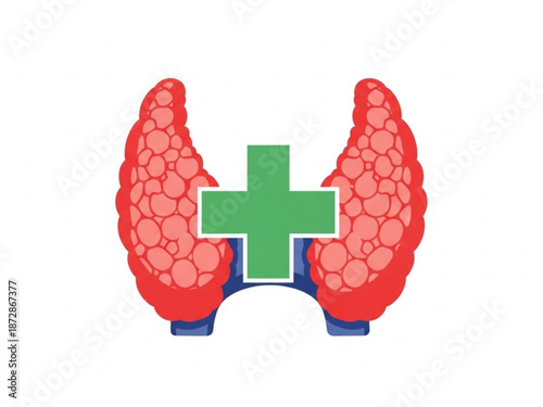 Illustration of a thyroid gland with a medical cross symbol in the center