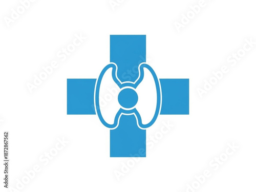Blue medical cross icon with abstract pelvic bone symbol in center